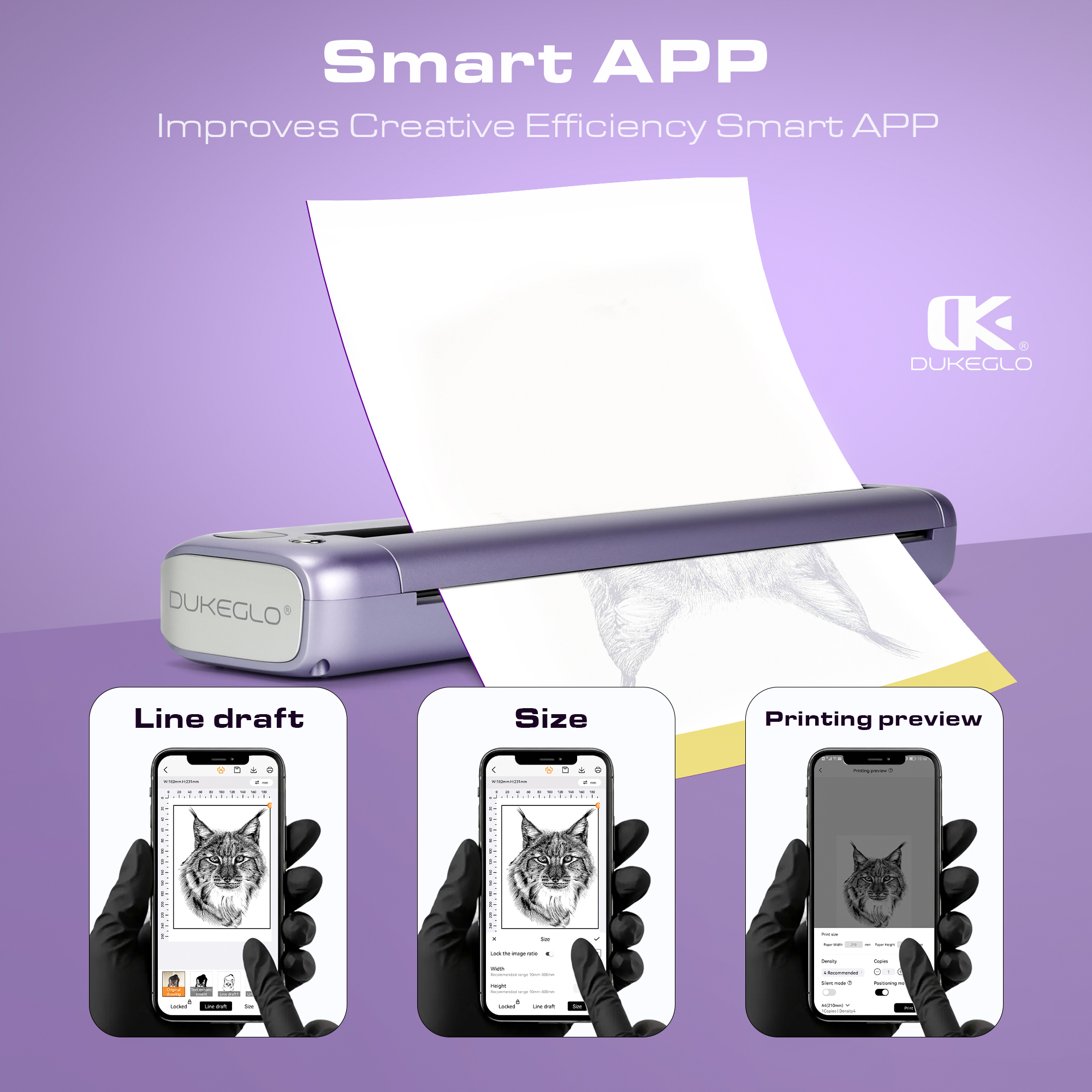 DUKEGLO Slim Wireless Bluetooth Thermal Tattoo Stencil Printer - Duke Purple - Image 8